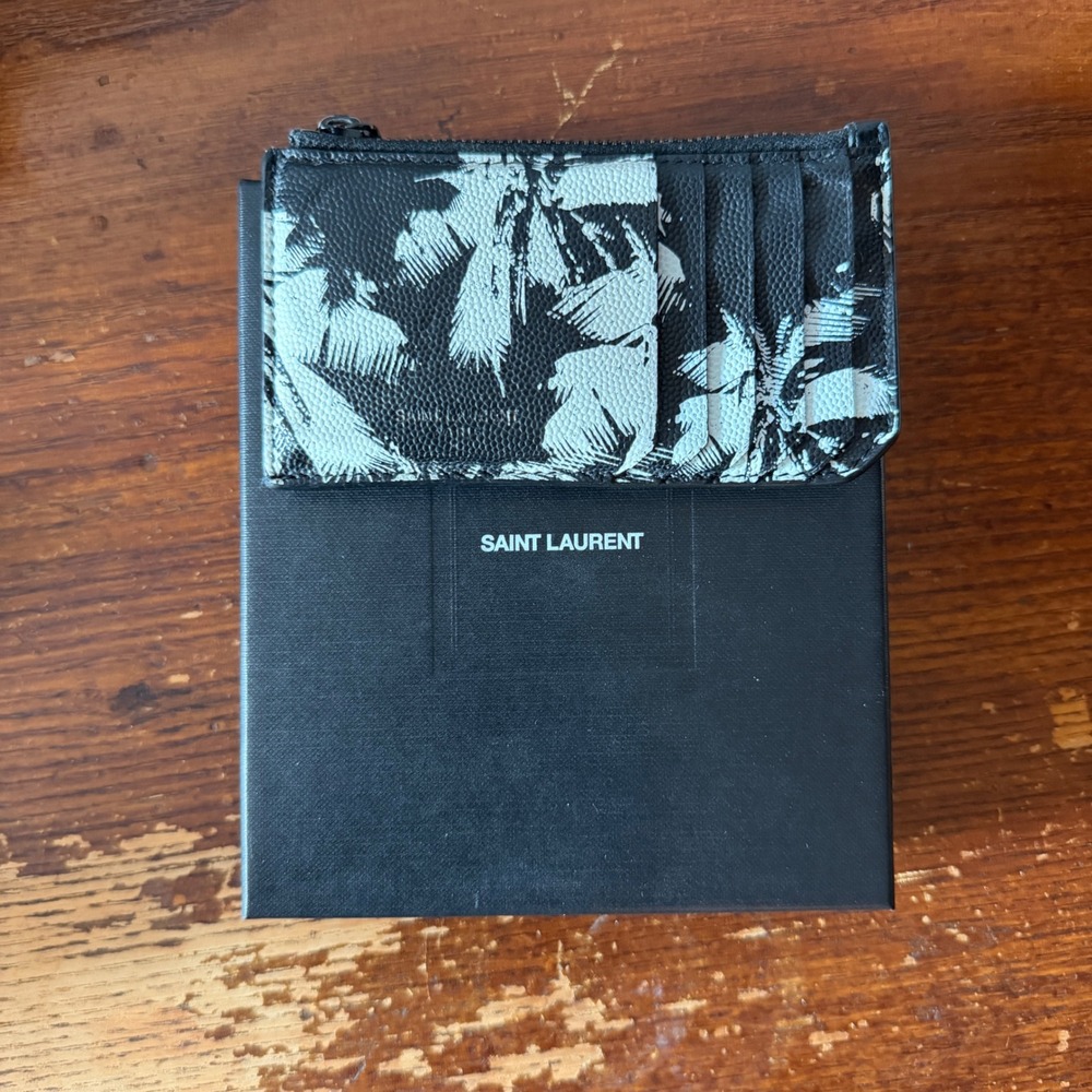 Saint Laurent Palm Tree Print Leather Card Case Wallet Black White Zipped